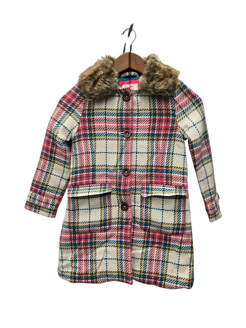 Mini Boden Plaid Fur Collar Pea Coat Size 7-8 Years